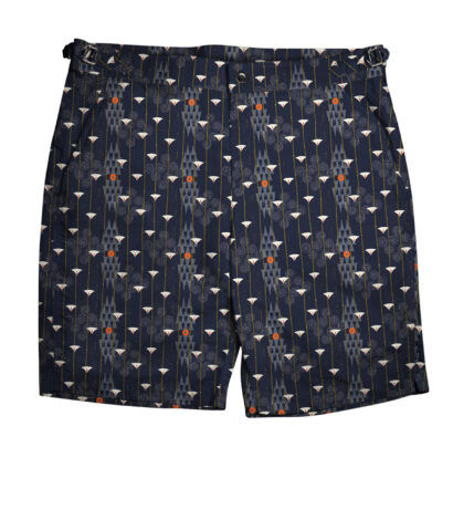 (product) Navy Art Deco Motif Swim Shorts, full view - custom suits nyc bespoke tailor midtown, noho