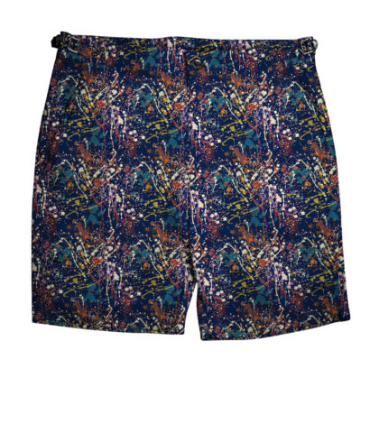 (product) Navy Paint Splatters Swim Shorts, full view - custom suits nyc bespoke tailor midtown, noho