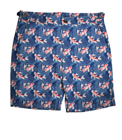 (product) Blue & Red Koi Fish Swim Shorts, full view - custom suits nyc bespoke tailor midtown, noho