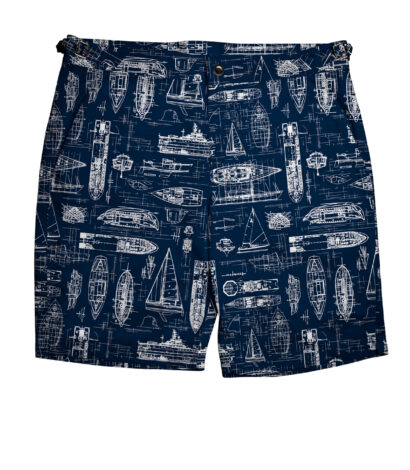 (product) Navy Swim Shorts with White Boats - custom suits nyc bespoke tailor midtown, noho