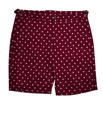 (product) Red/White Polka Dots Swim Shorts, front view - custom suits nyc bespoke tailor midtown, noho