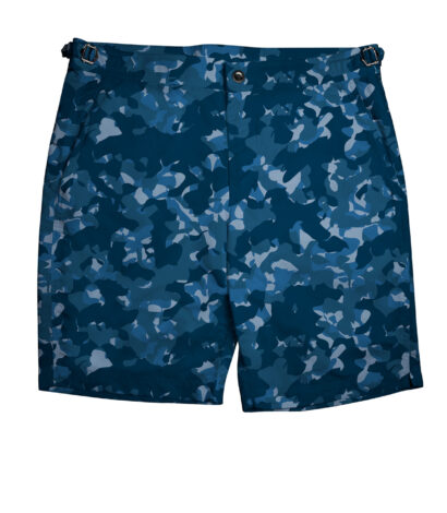 (product) Blue Camouflage Swim Shorts, front view - custom suits nyc bespoke tailor midtown, noho