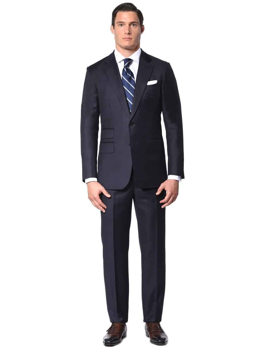 (product) Navy Blue Solid Bespoke Suit, full front view - custom suits nyc bespoke tailor midtown, noho