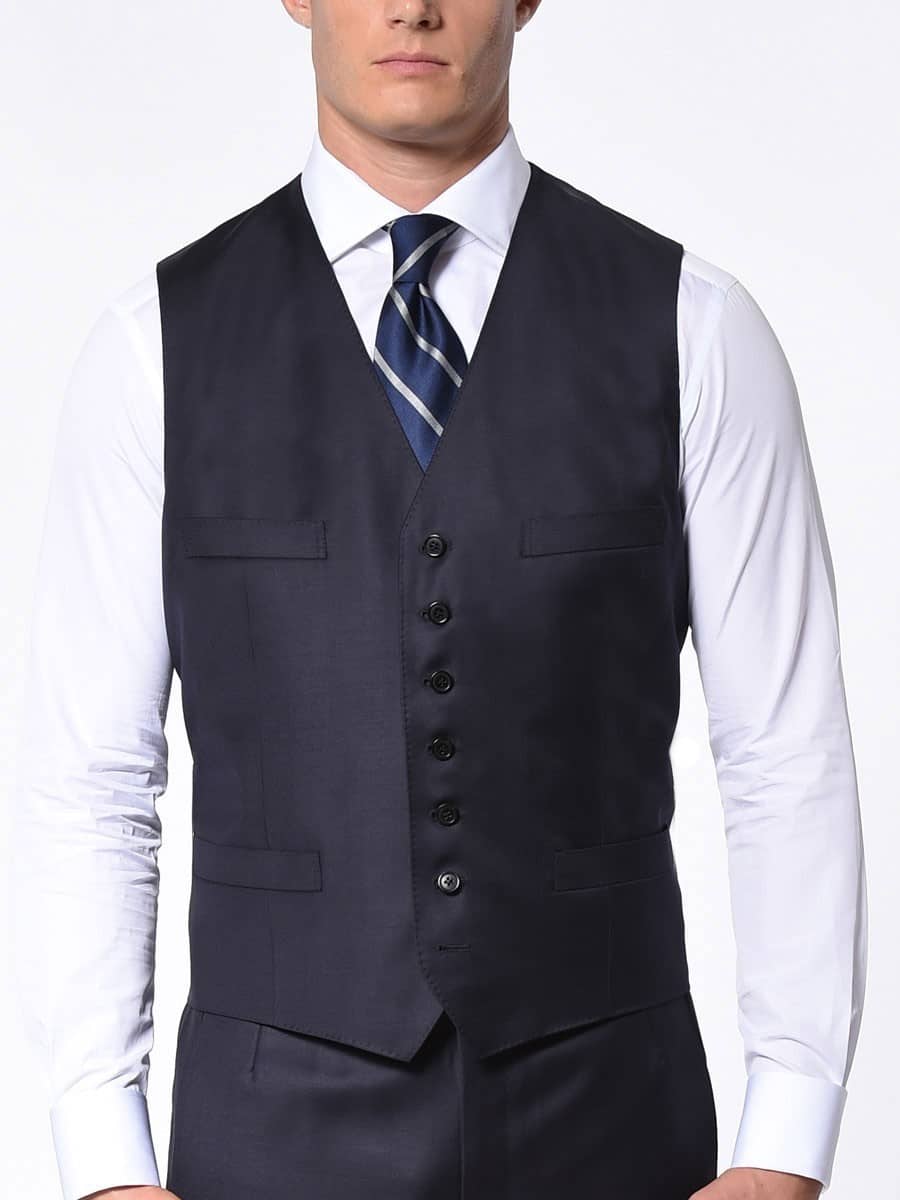 (product) Navy Blue Solid Bespoke Vest - custom suits nyc bespoke tailor midtown, noho