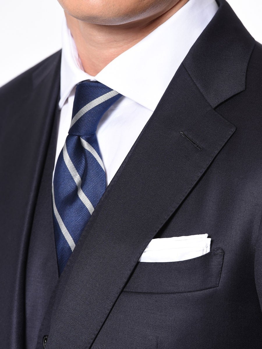 (product) Navy Blue Solid Bespoke Suit, lapel detail - custom suits nyc bespoke tailor midtown, noho