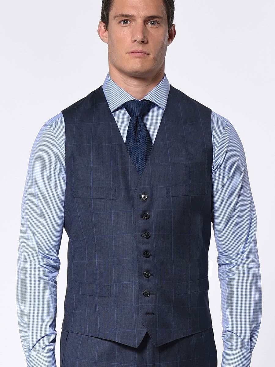 (product) Marine Blue Windowpane Bespoke Vest - custom suits nyc bespoke tailor midtown, noho