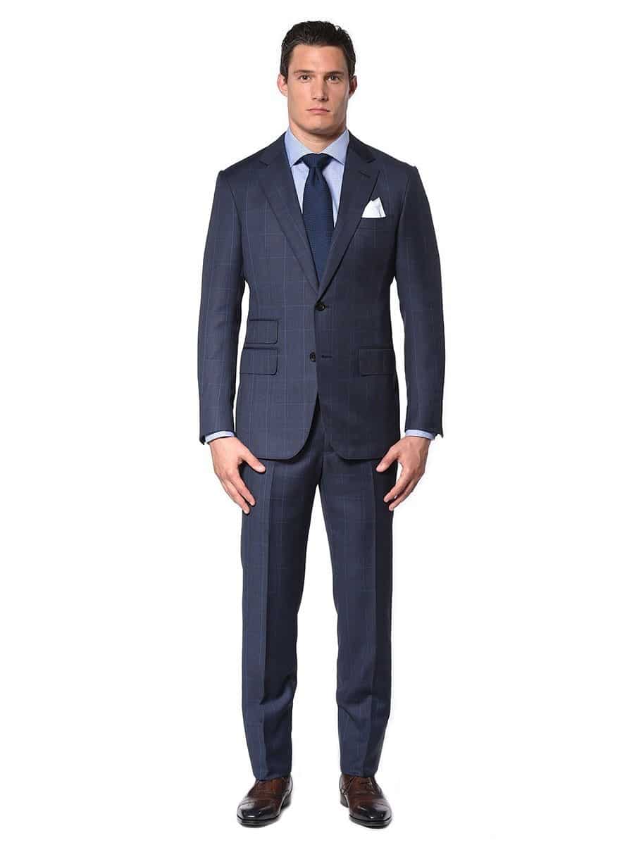 (product) Marine Blue Windowpane Bespoke Suit, full front view - custom suits nyc bespoke tailor midtown, noho