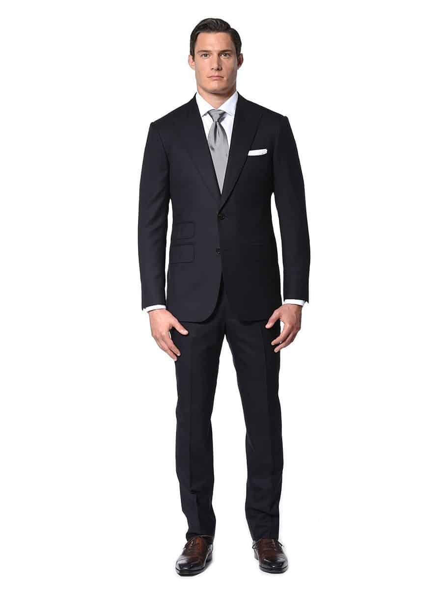 (product) Dark Navy Blue Bespoke Suit, full front view - custom suits nyc bespoke tailor midtown, noho
