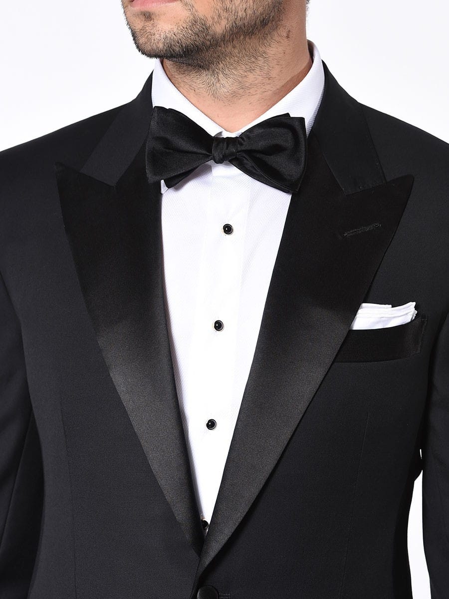 (product) Black Classic Satin Bespoke Tuxedo, lapel detail - custom suits nyc bespoke tailor midtown, noho