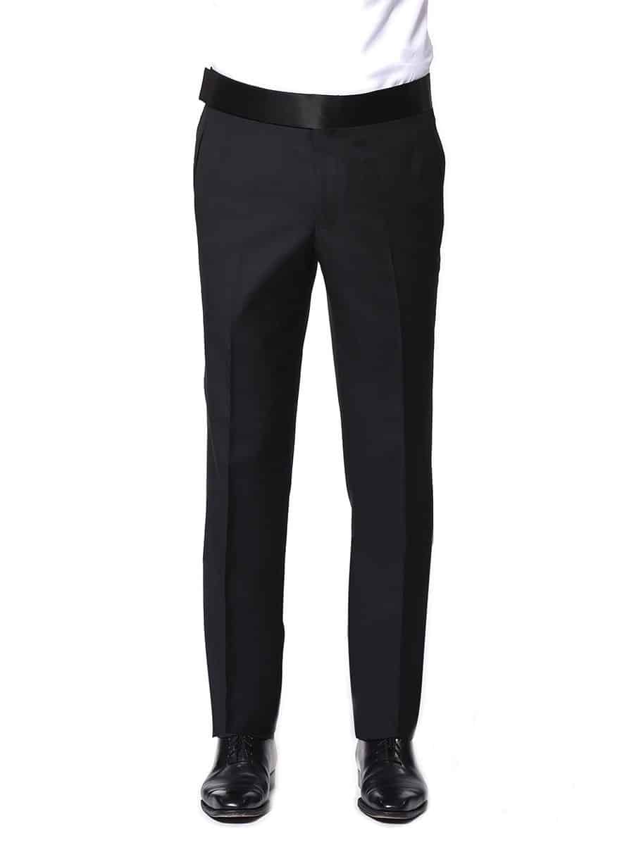 (product) Black Classic Satin Bespoke Tuxedo, pants detail - custom suits nyc bespoke tailor midtown, noho