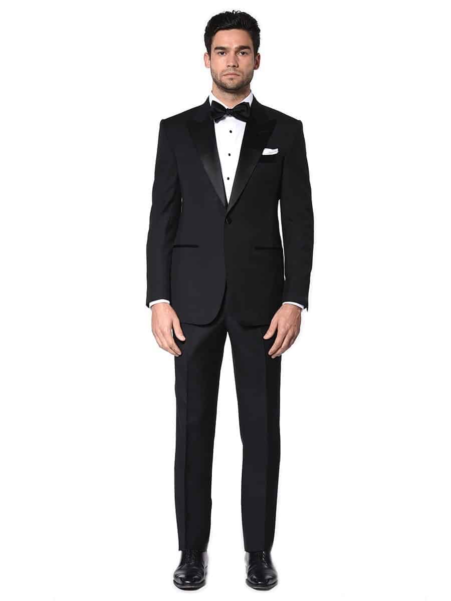 (product) Black Classic Satin Bespoke Tuxedo, full front view - custom suits nyc bespoke tailor midtown, noho