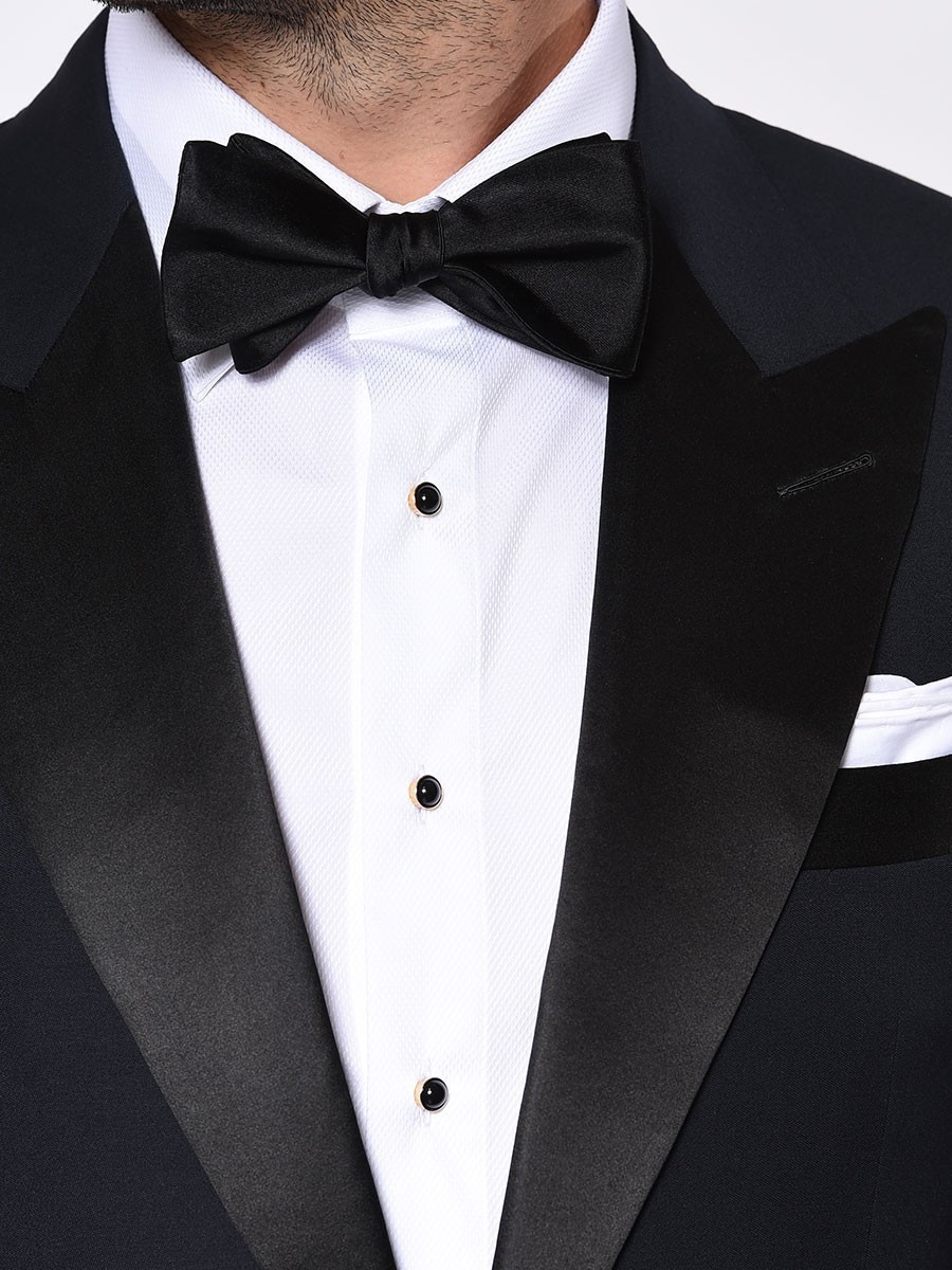 (product) Midnight Classic Satin Bespoke Tuxedo, lapel detail - custom suits nyc bespoke tailor midtown, noho