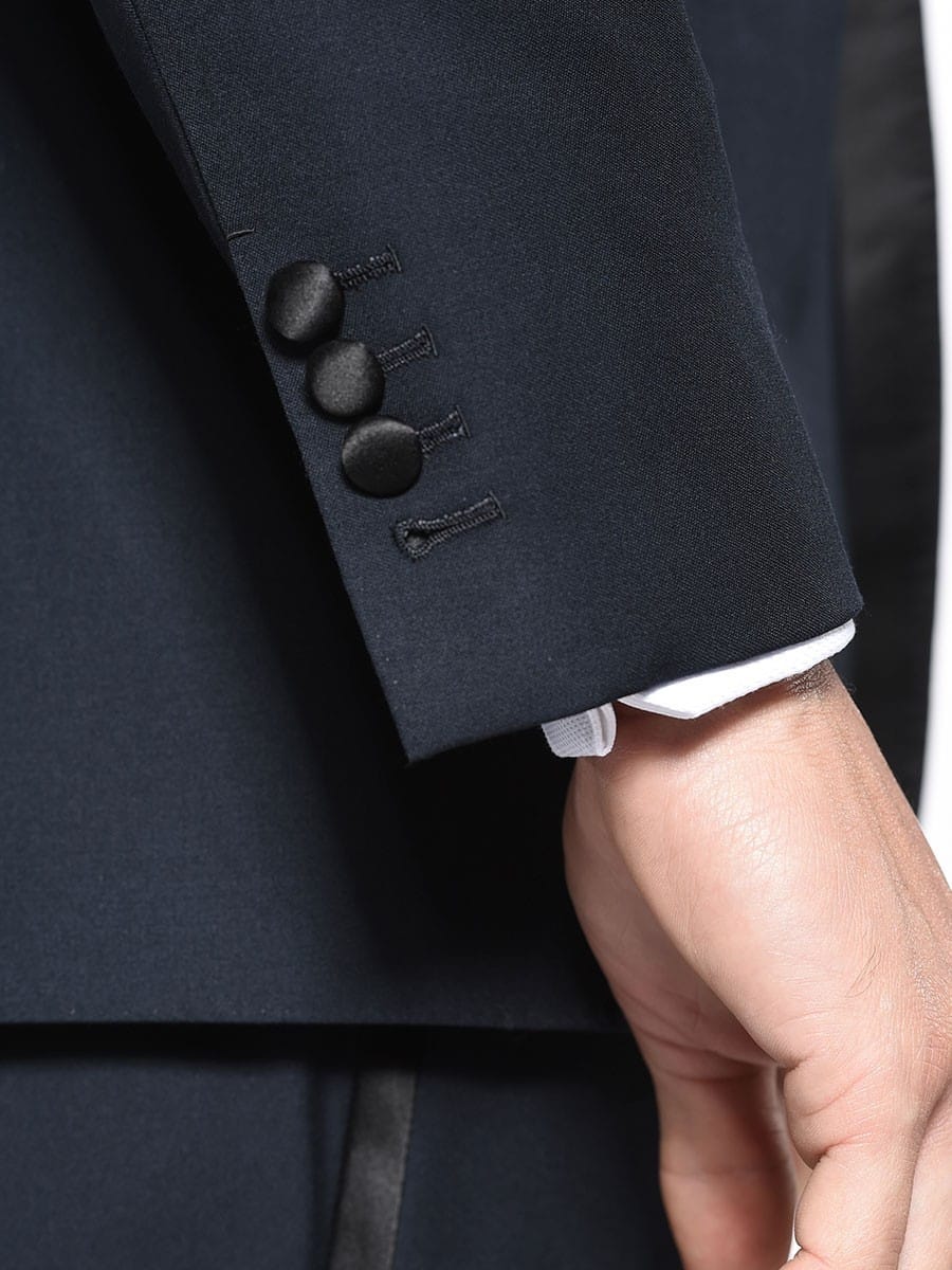 (product) Midnight Classic Satin Bespoke Tuxedo, cuff detail - custom suits nyc bespoke tailor midtown, noho