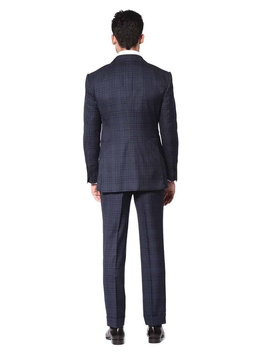 (product) Navy Plaid Bespoke Suit, back view - custom suits nyc bespoke tailor midtown, noho