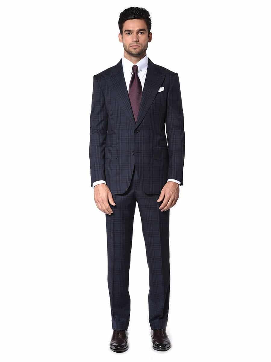 (product) Navy Plaid Bespoke Suit, full front view - custom suits nyc bespoke tailor midtown, noho