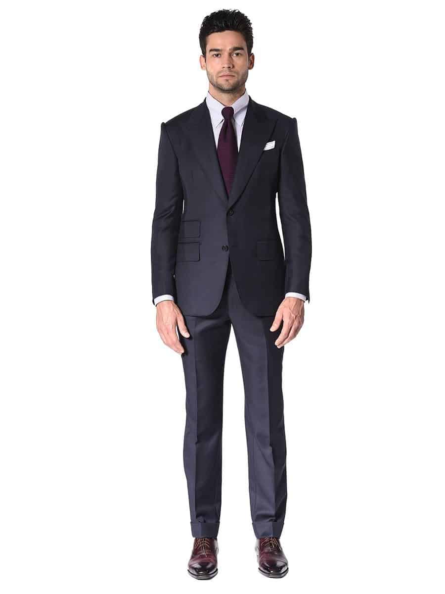 (product) Navy Blue Solid Bespoke Suit, full front view - custom suits nyc bespoke tailor midtown, noho