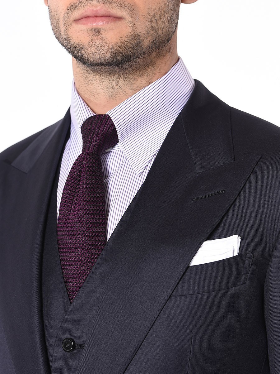 (product) Navy Blue Solid Bespoke Suit, Lapel detail - custom suits nyc bespoke tailor midtown, noho