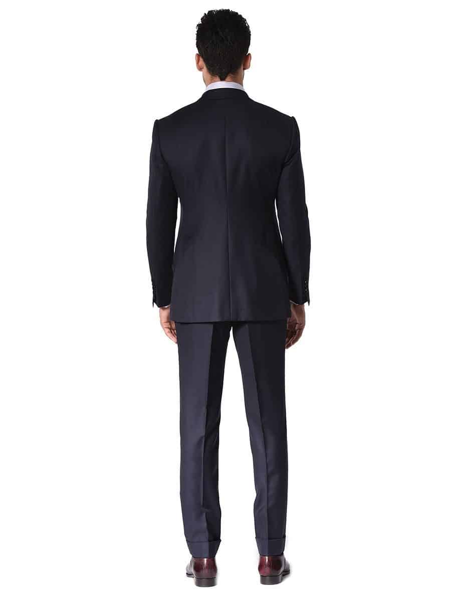 (product) Navy Blue Solid Bespoke Suit, Back view - custom suits nyc bespoke tailor midtown, noho