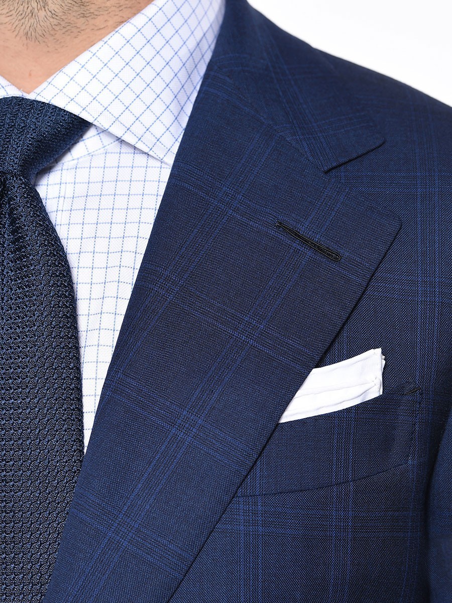 (product) Royal Blue Windowpane Bespoke Suit, lapel detail - custom suits nyc bespoke tailor midtown, noho