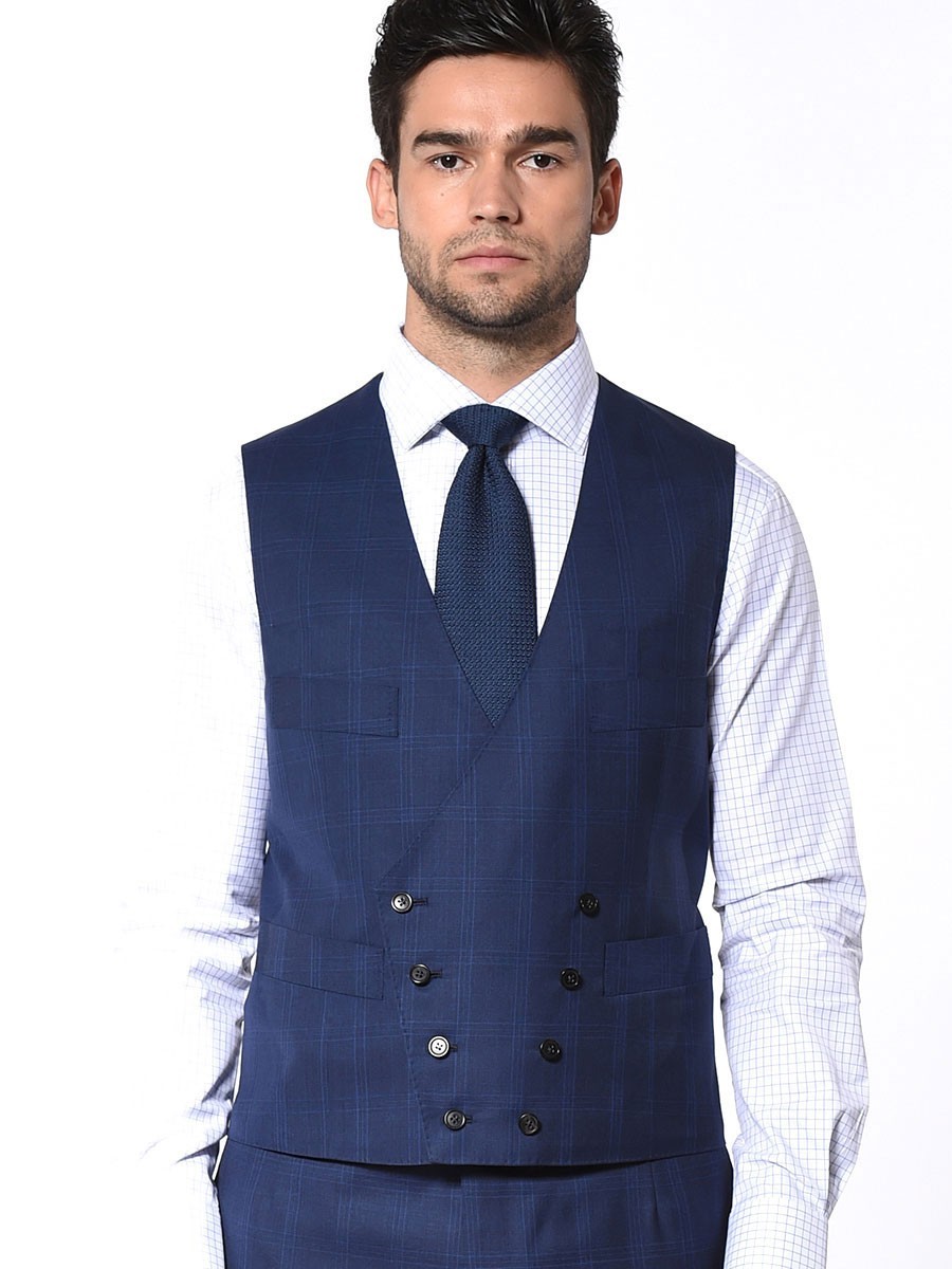 (product) Royal Blue Windowpane Bespoke Vest - custom suits nyc bespoke tailor midtown, noho