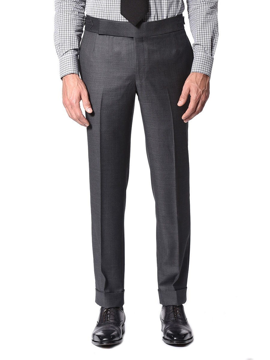(product) Mid-Grey Sharkskin Bespoke Suit, Pants detail - custom suits nyc bespoke tailor midtown, noho