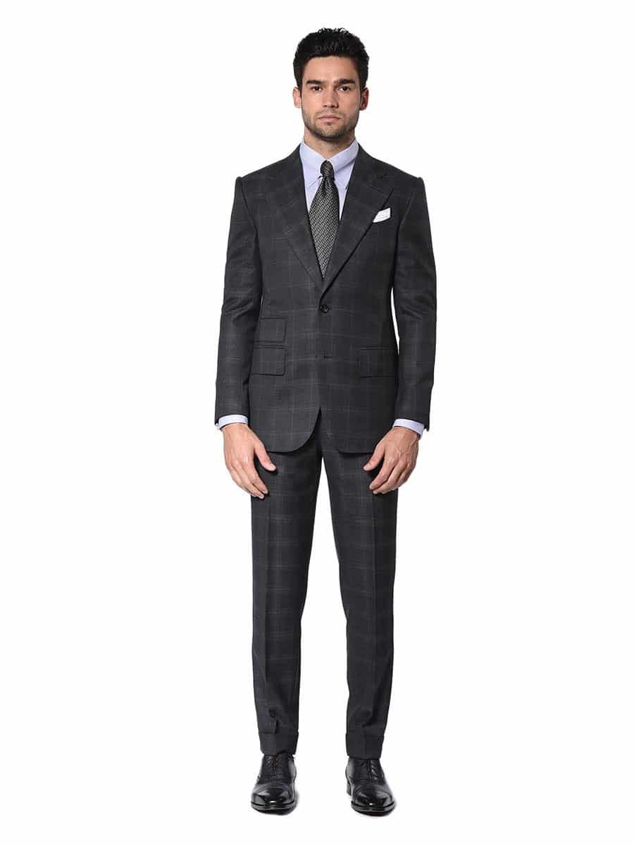 (product) Charcoal Complex Windowpane Bespoke Suit, Full view - custom suits nyc bespoke tailor midtown, noho