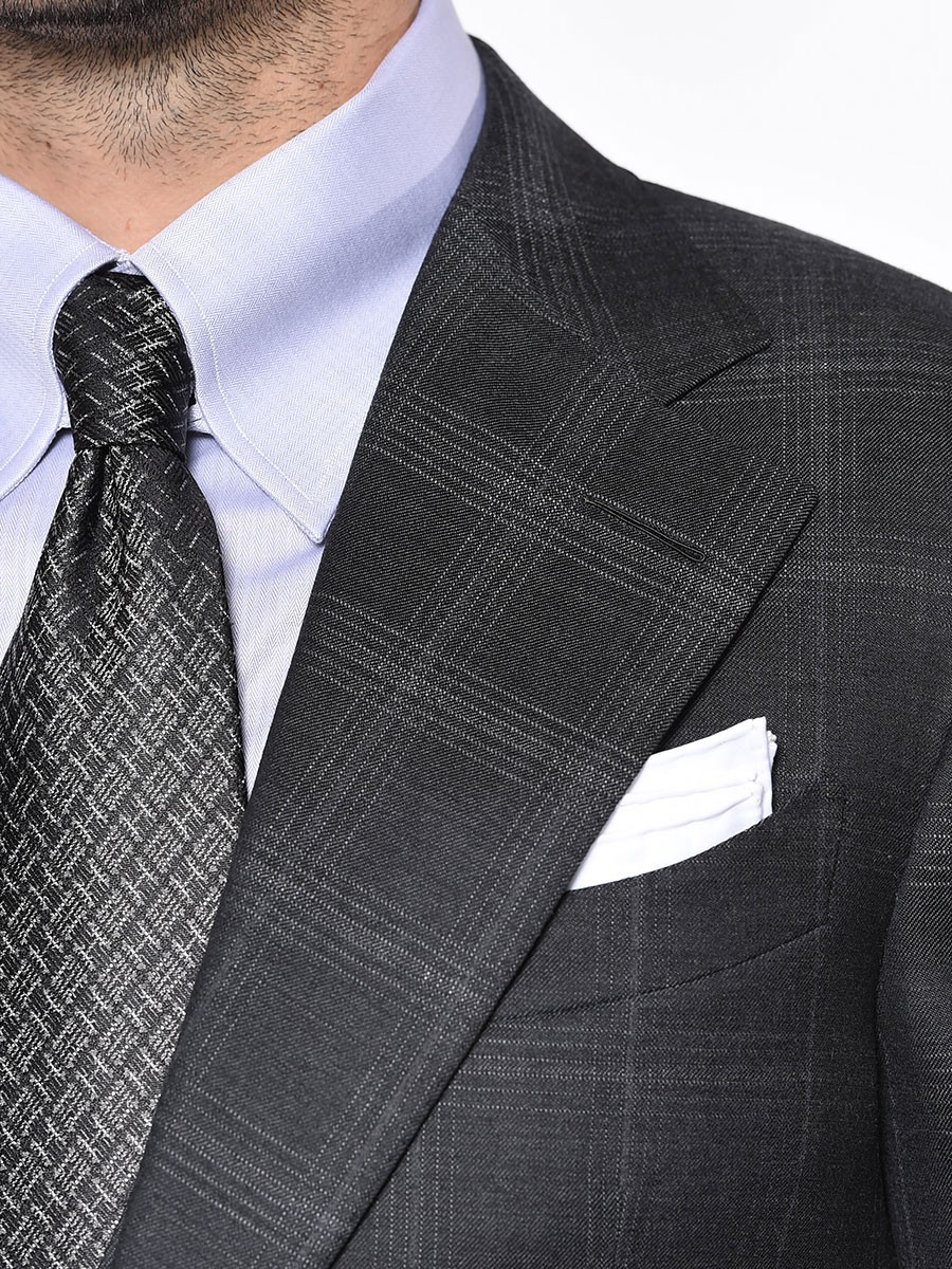 (product) Charcoal Complex Windowpane Bespoke Suit, Lapel detail - custom suits nyc bespoke tailor midtown, noho