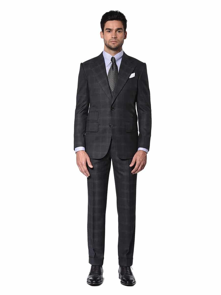 (product) Charcoal Complex Windowpane Bespoke Suit, Full view - custom suits nyc bespoke tailor midtown, noho