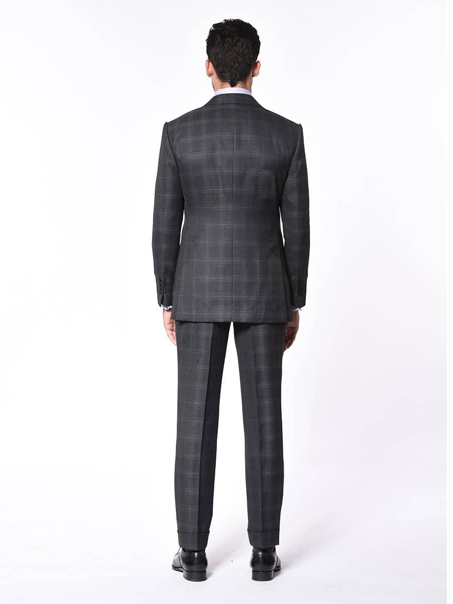 (product) Charcoal Complex Windowpane Bespoke Suit, Back view - custom suits nyc bespoke tailor midtown, noho