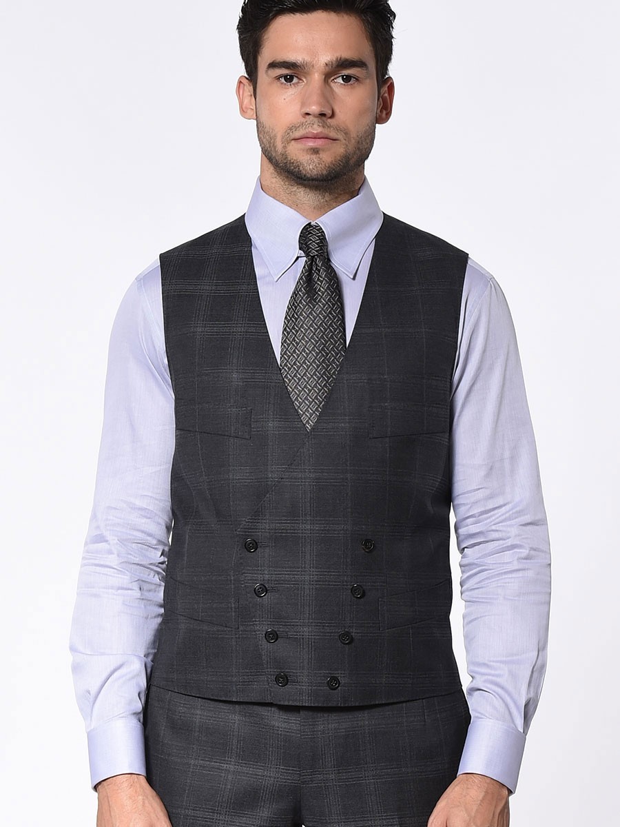 (product) Charcoal Complex Windowpane Signature 8-Button Vest - custom suits nyc bespoke tailor midtown, noho
