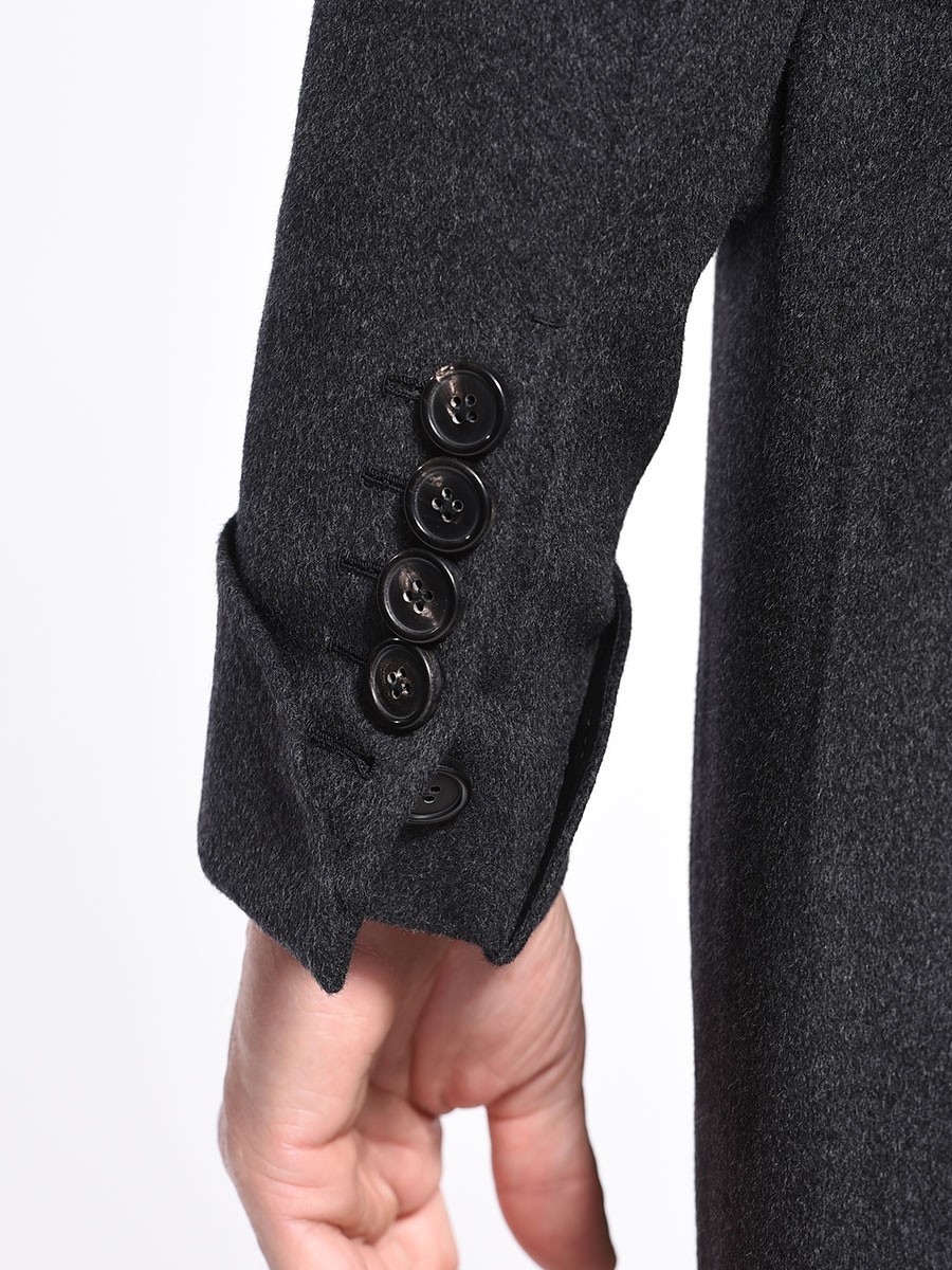 (product) Charcoal DB Wool Cashmere Overcoat, Cuff detail with button accents - custom suits nyc bespoke tailor midtown, noho