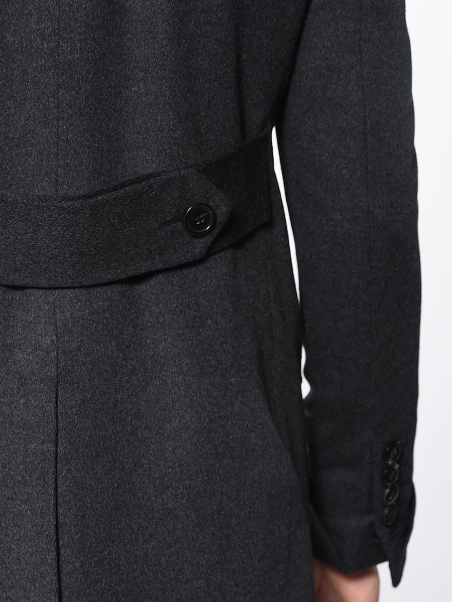 (product) Charcoal DB Wool Cashmere Overcoat, close-up of back belt and button detail - custom suits nyc bespoke tailor midtown, noho