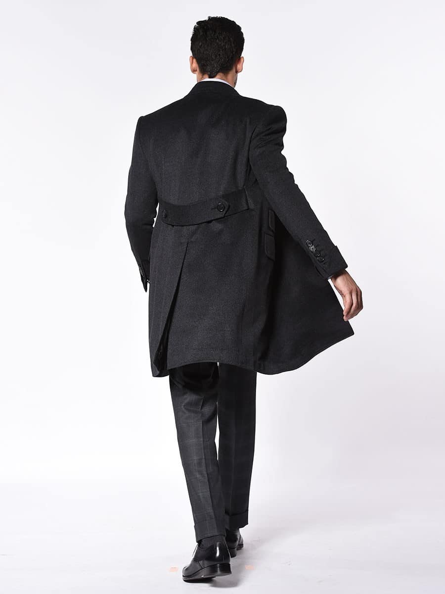 (product) Charcoal DB Wool Cashmere Overcoat, back view showcasing tailored silhouette - custom suits nyc bespoke tailor midtown, noho