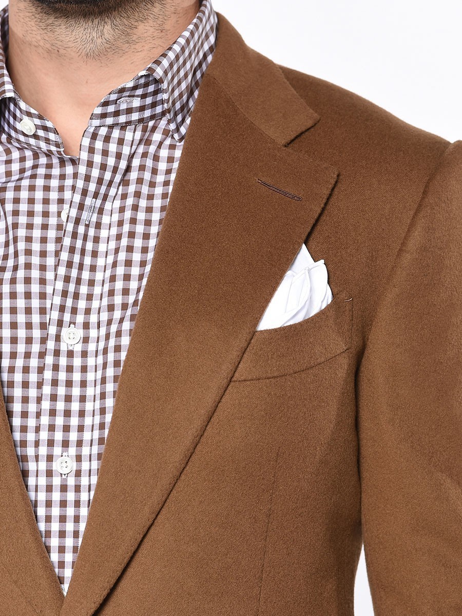 (product) Dark Caramel Bespoke Sport Coat, Lapel detail - custom suits nyc bespoke tailor midtown, noho