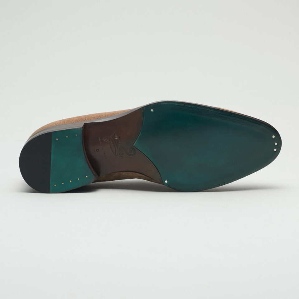 (product) Titus Suede Loafer Farro, Sole view - custom suits nyc bespoke tailor midtown, noho