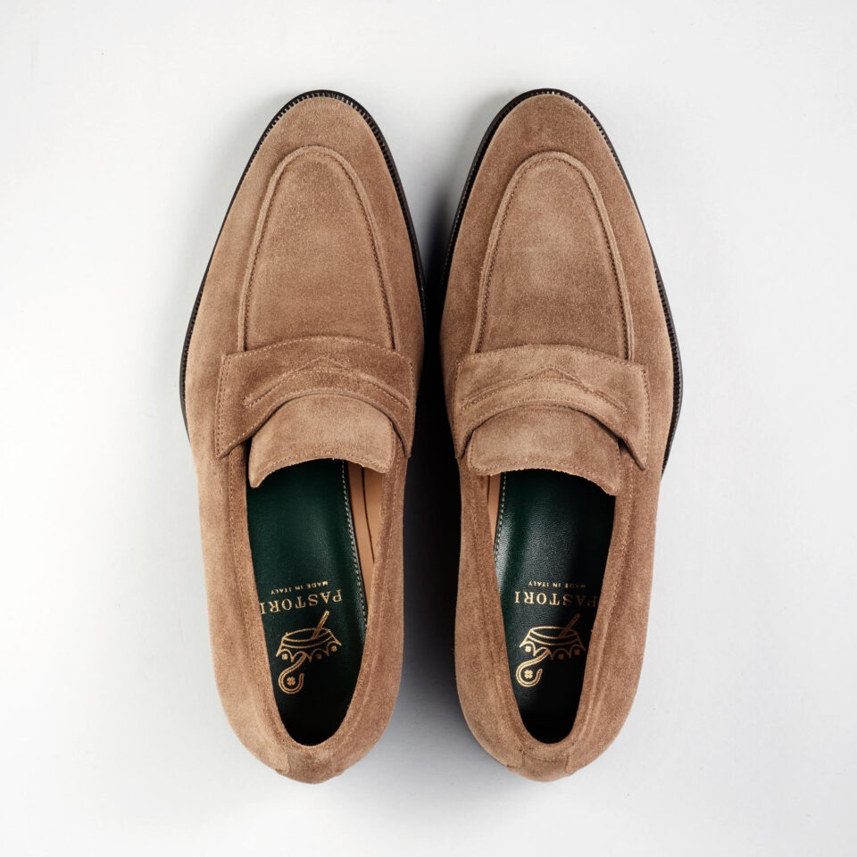 (product) Titus Suede Loafer Farro, Top view of the pair - custom suits nyc bespoke tailor midtown, noho