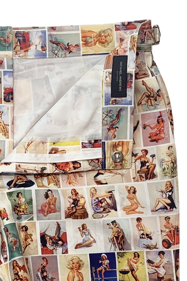 (product) Color Pinups Swim Shorts, close-up view - custom suits nyc bespoke tailor midtown, noho