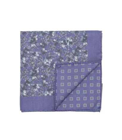 (product) Purple and Blue Double Sided Flowers and Square Medallions Pocket Square, Folded - custom suits nyc bespoke tailor midtown, noho
