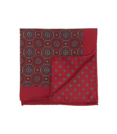 (product) Red Double Sided Pocket Square Multicolor Kaleidoscope Circles and Small Medallions - custom suits nyc bespoke tailor midtown, noho