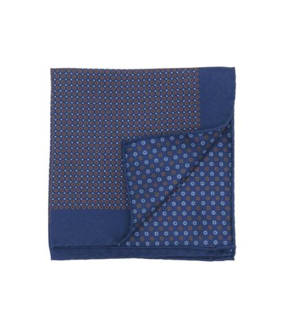 (product) Navy Pocket Square with Small Rust Red Circles - custom suits nyc bespoke tailor midtown, noho