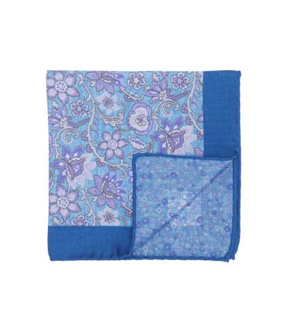 (product) Blue and Purple Double Sided Pocket Square with Large and Small Flowers - custom suits nyc bespoke tailor midtown, noho