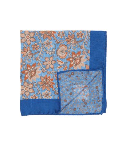 (product) Blue and Orange Double Sided Pocket Square with Large and Small Flowers - custom suits nyc bespoke tailor midtown, noho
