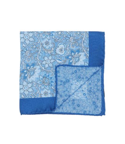 (product) Navy and Light Blue Double Sided Pocket Square with Large and Small Flowers - custom suits nyc bespoke tailor midtown, noho