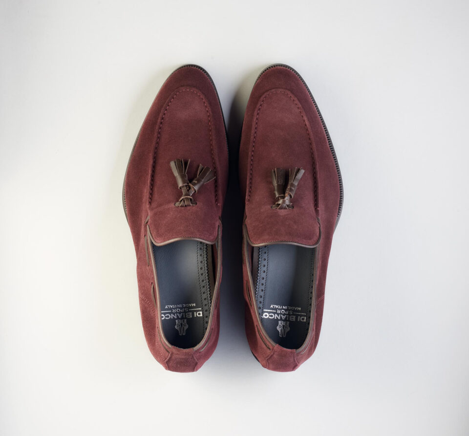 (product) Napoli Oxblood Suede Loafer, Top view of the pair - custom suits nyc bespoke tailor midtown, noho