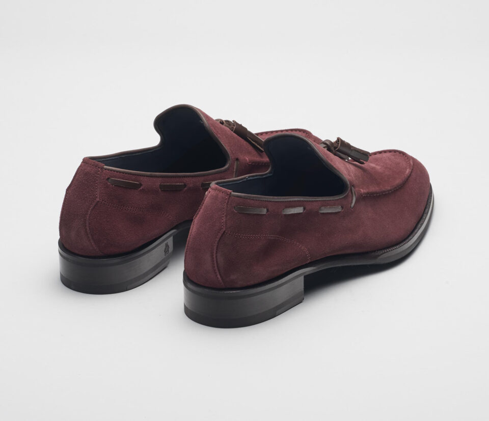 (product) Napoli Oxblood Suede Loafer, Angled pair view - custom suits nyc bespoke tailor midtown, noho