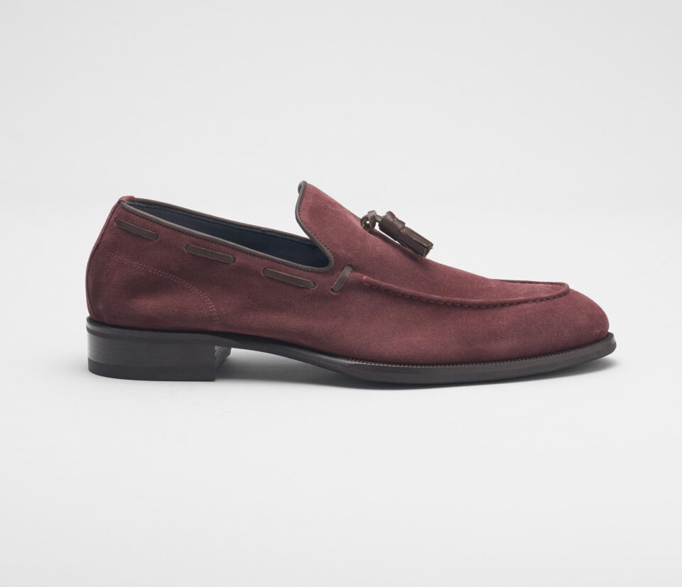 (product) Napoli Oxblood Suede Loafer, Single shoe side view - custom suits nyc bespoke tailor midtown, noho