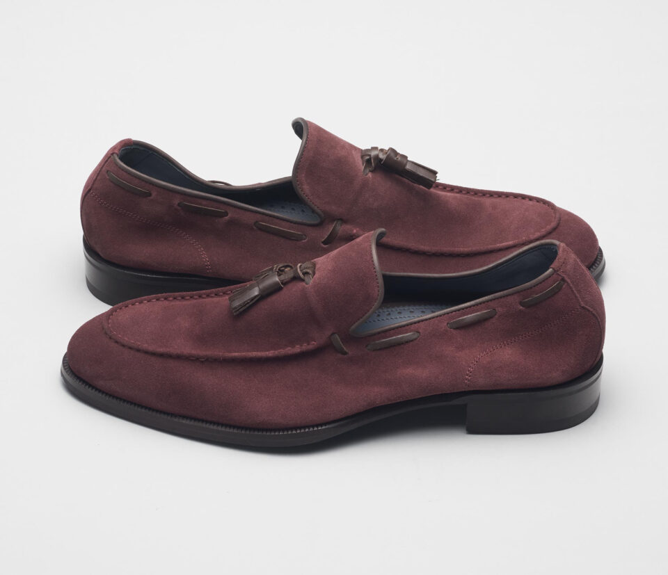 (product) Napoli Oxblood Suede Loafer, Angled pair view - custom suits nyc bespoke tailor midtown, noho
