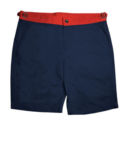 (product) Navy Blue Swim Shorts with Red Waistband - custom suits nyc bespoke tailor midtown, noho