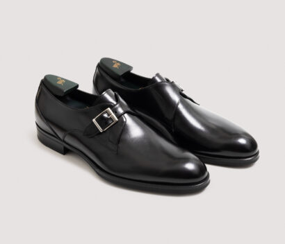 (product) Faustus Monk Strap Nero, Front view of the pair - custom suits nyc bespoke tailor midtown, noho