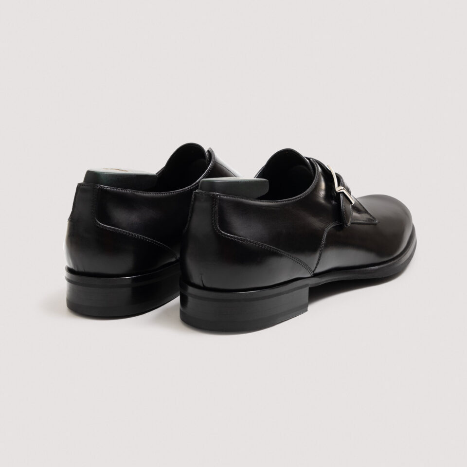 (product) Faustus Monk Strap Nero, Back view of the pair - custom suits nyc bespoke tailor midtown, noho